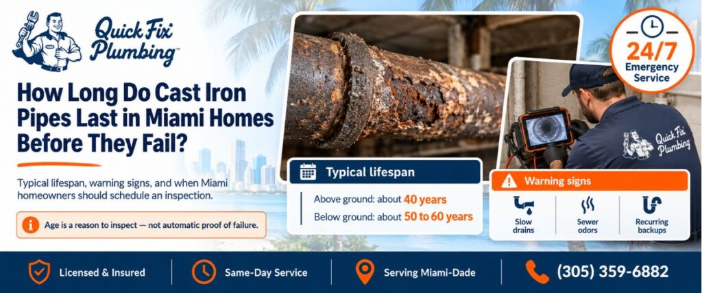 Cast iron pipe lifespan in Miami homes showing a corroded pipe, sewer camera inspection, typical 40 to 60 year lifespan, and warning signs.