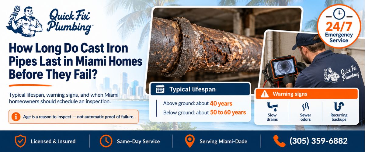 Cast iron pipe lifespan in Miami homes showing a corroded pipe, sewer camera inspection, typical 40 to 60 year lifespan, and warning signs.